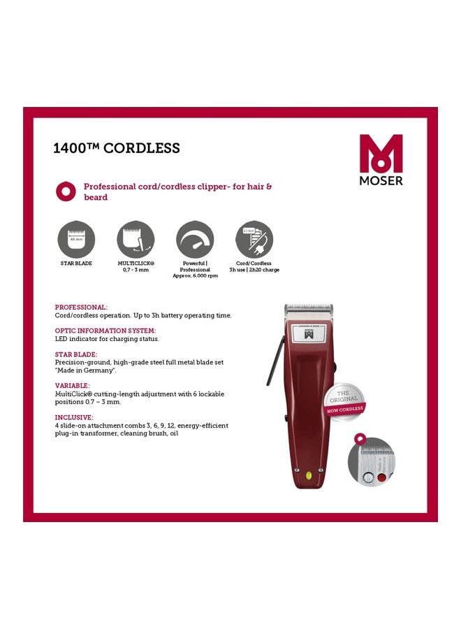 1400 Cordless Professional Cordless Clipper  for Hair & Beard Burgundy