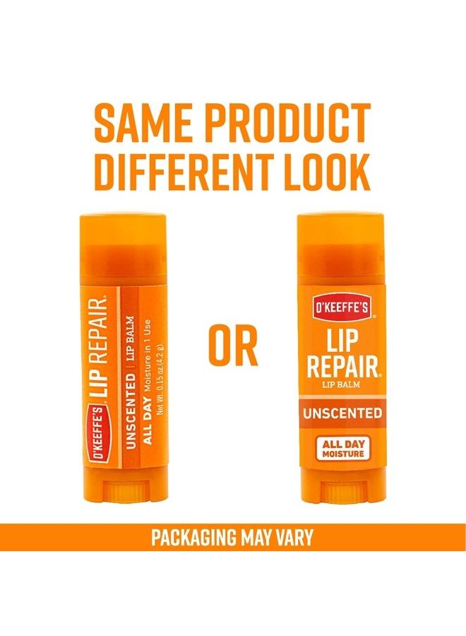 Unscented Lip Repair Lip Balm for Dry, Cracked Lips, Stick, (Pack of 3)