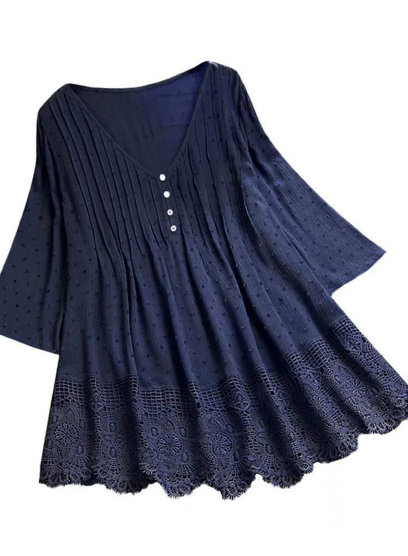 Women's New Jacquard Pleated Lace Hollowed Out V-Neck Blouse
