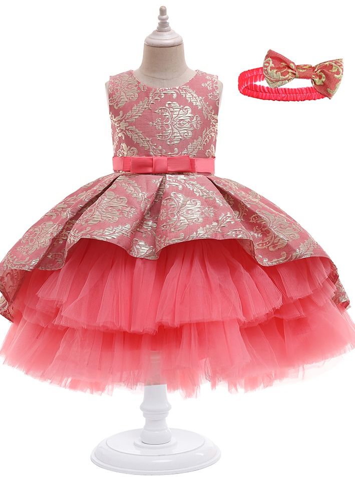New jacquard embroidered girls dress dress with dragline performance dress  watermelon red