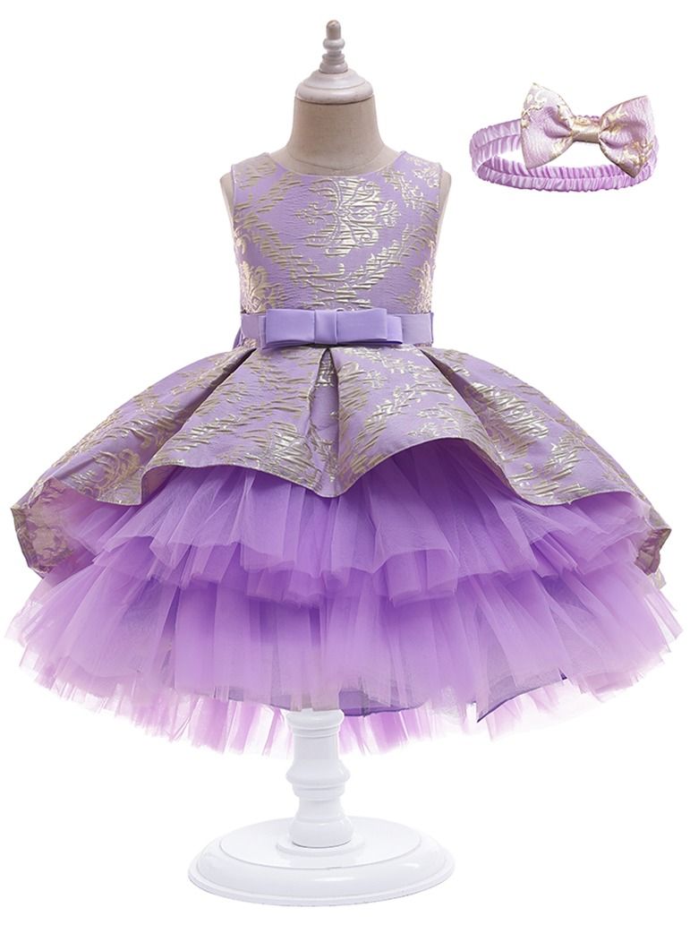 New jacquard embroidered girls dress dress with dragline performance dress  Purple