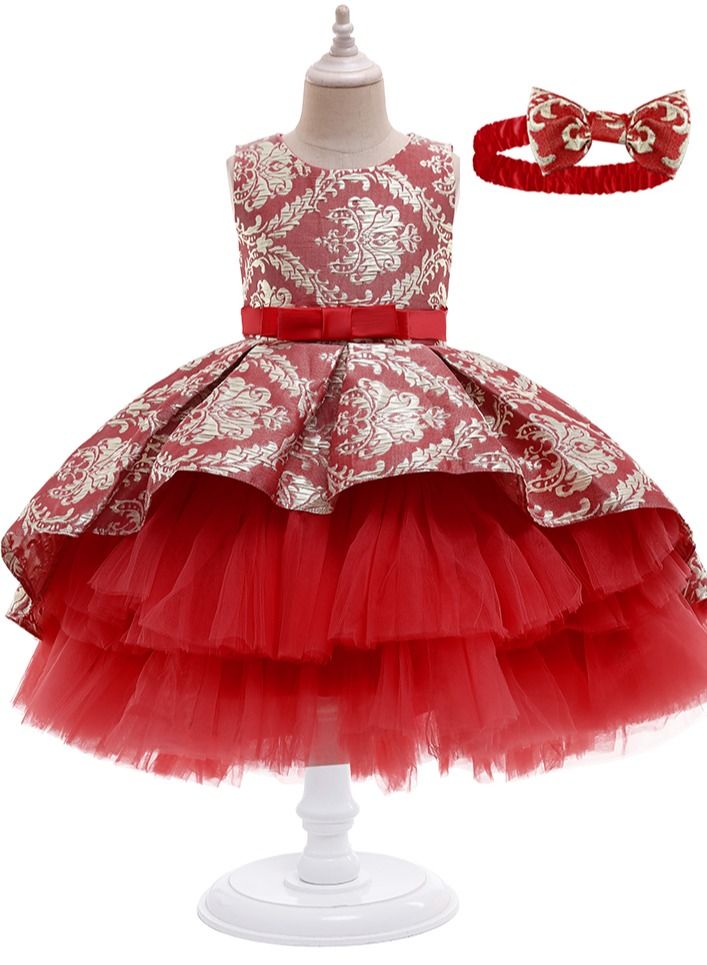 New jacquard embroidered girls dress dress with dragline performance dress RED
