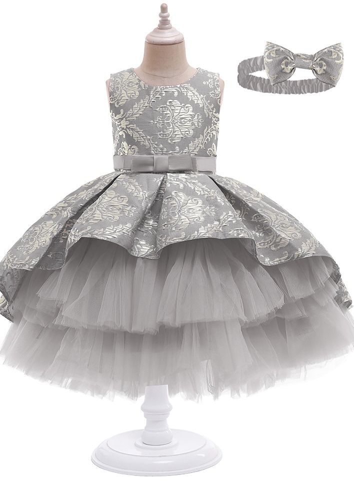 New jacquard embroidered girls dress dress with dragline performance dress Grey