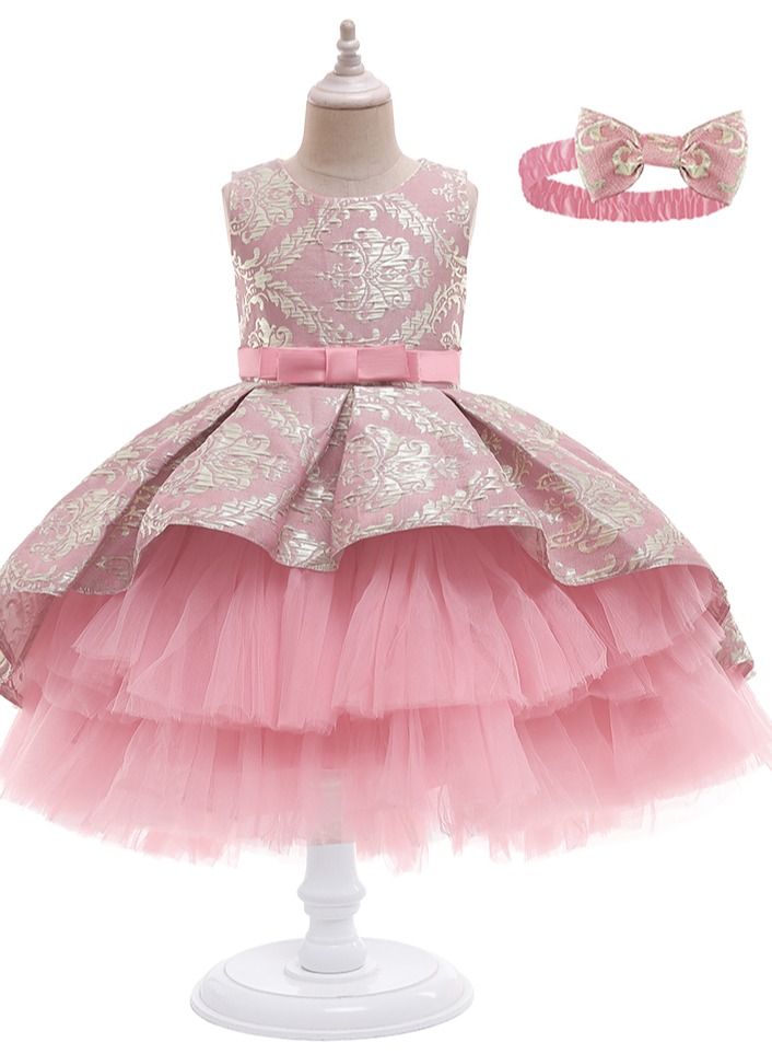 New jacquard embroidered girls dress dress with dragline performance dress  sweetened bean paste PINK