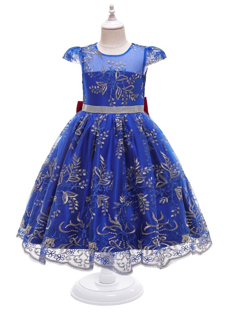 New clash-colored girl dress sequins princess dress lace BLUE