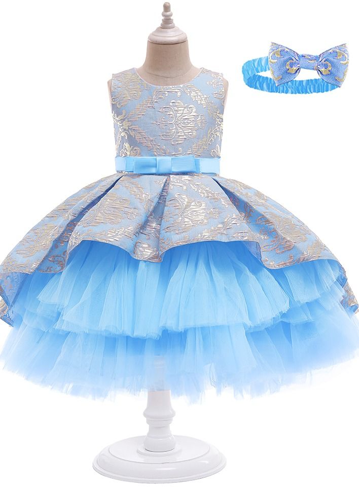 New jacquard embroidered girls dress dress with dragline performance dress blue