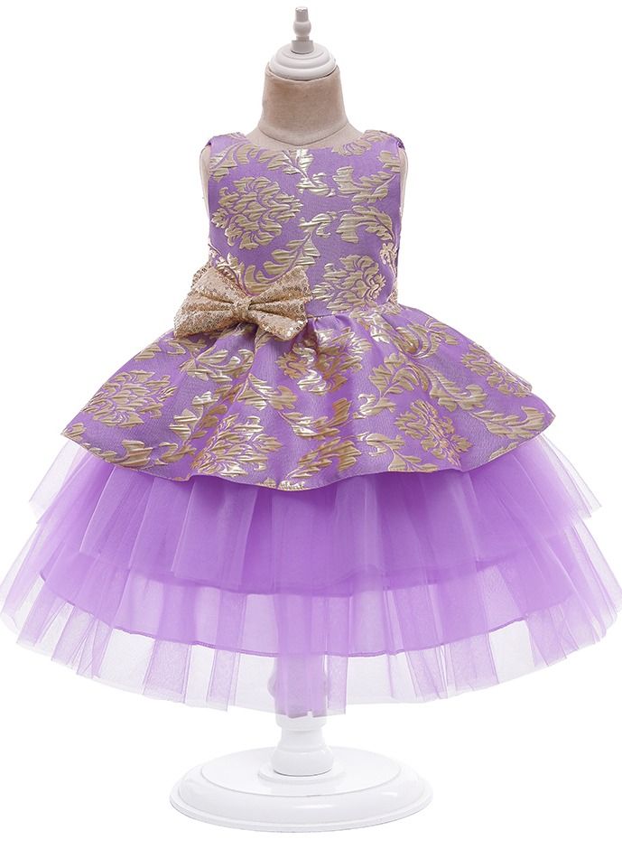 New clashing color girl dress princess dress lace lace purple