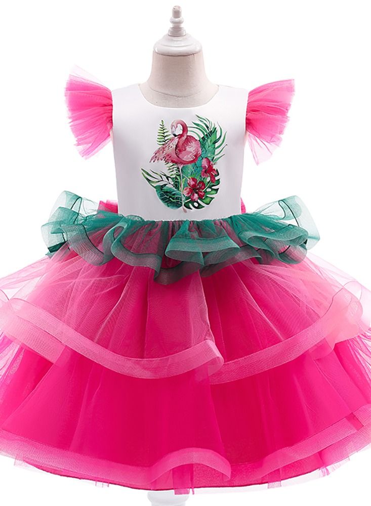 Flamingo Fashion Girl Sleeveless Mesh Princess Dress