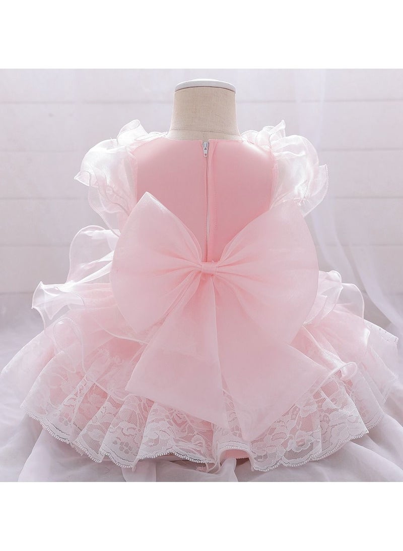 Mesh Detailed Round Neck Dress Pink