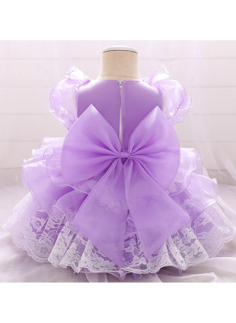 Mesh Detailed Round Neck Dress Purple