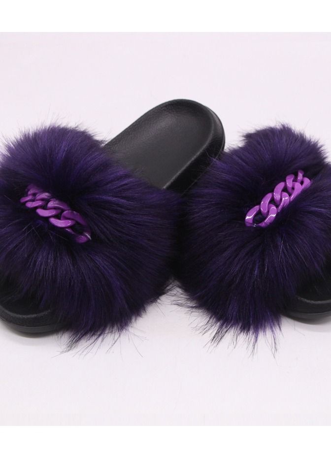 Stylish Women Faux Fur Open Toe Flat Color Chain Slippers