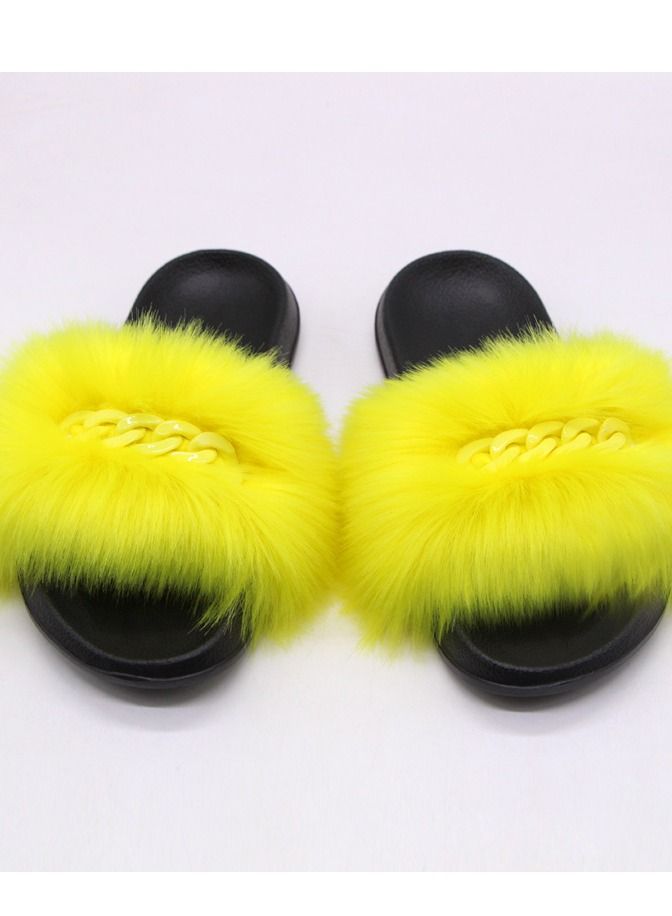 Stylish Women Faux Fur Open Toe Flat Color Chain Slippers