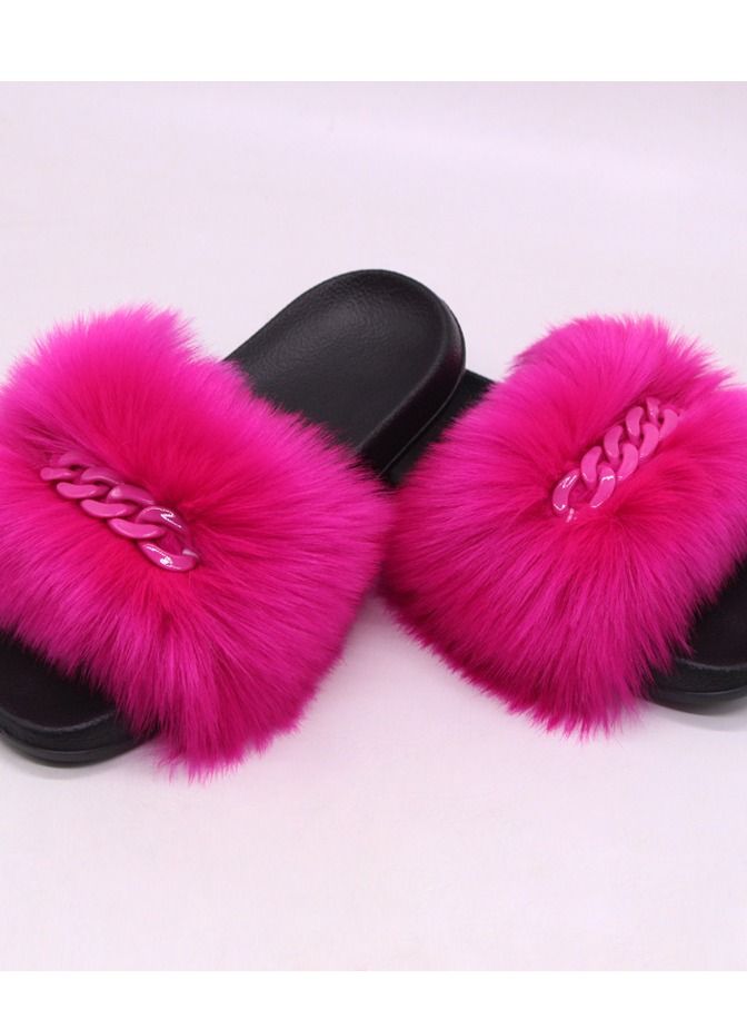 Stylish Women Faux Fur Open Toe Flat Color Chain Slippers