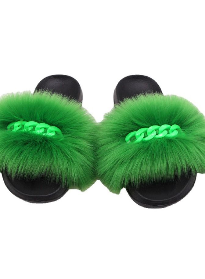 Stylish Women Faux Fur Open Toe Flat Color Chain Slippers