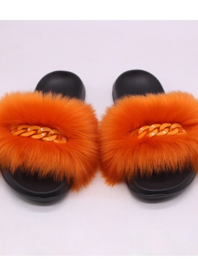 Stylish Women Faux Fur Open Toe Flat Color Chain Slippers