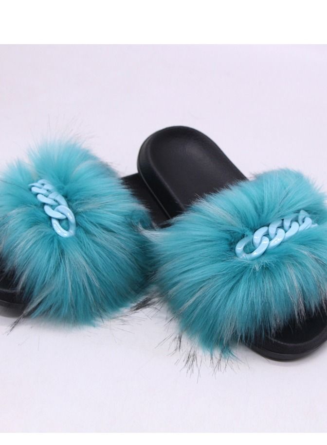 Stylish Women Faux Fur Open Toe Flat Color Chain Slippers