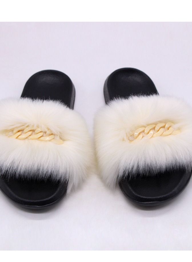 Stylish Women Faux Fur Open Toe Flat Color Chain Slippers