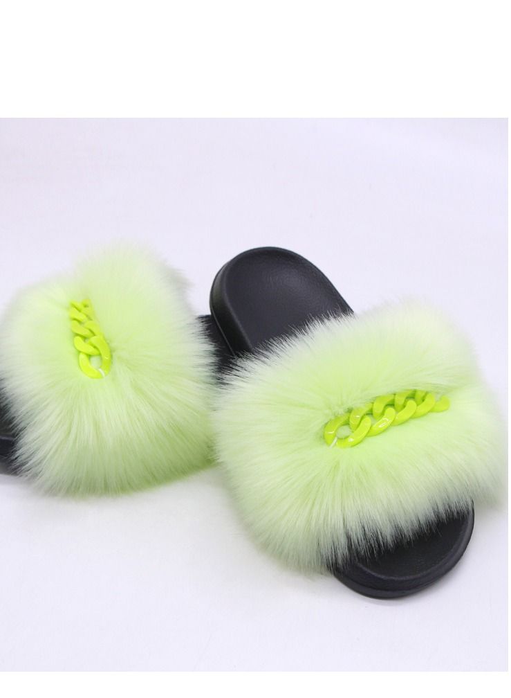 Stylish Women Faux Fur Open Toe Flat Color Chain Slippers