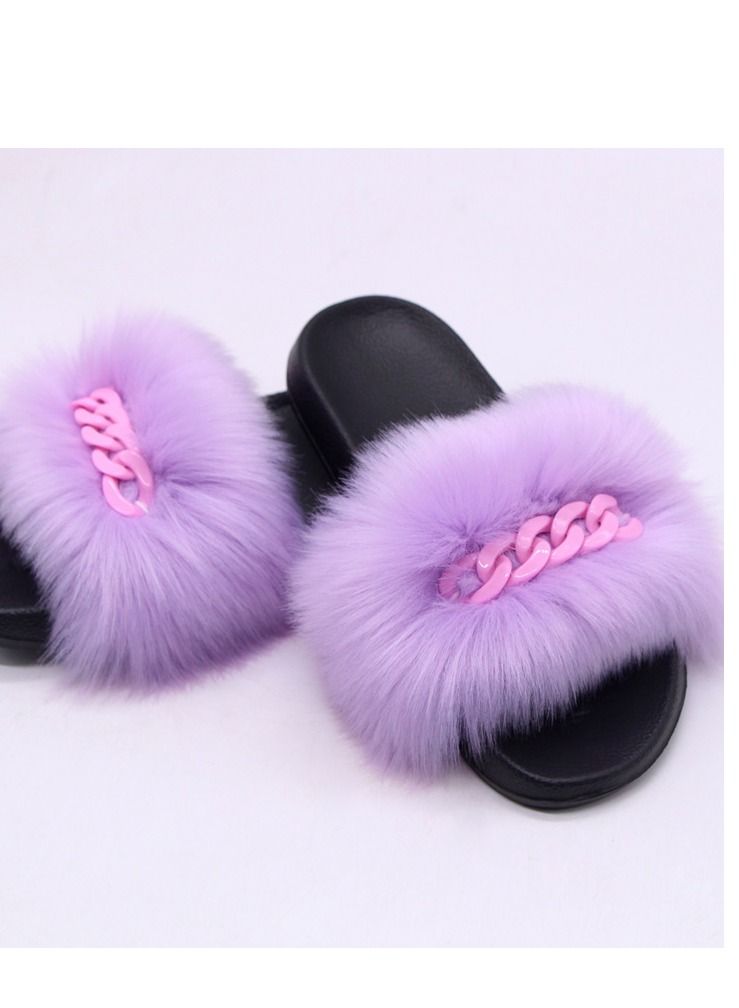 Stylish Women Faux Fur Open Toe Flat Color Chain Slippers