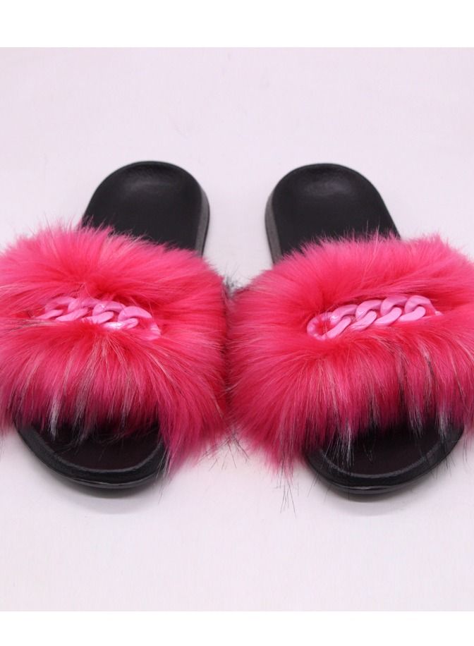 Stylish Women Faux Fur Open Toe Flat Color Chain Slippers