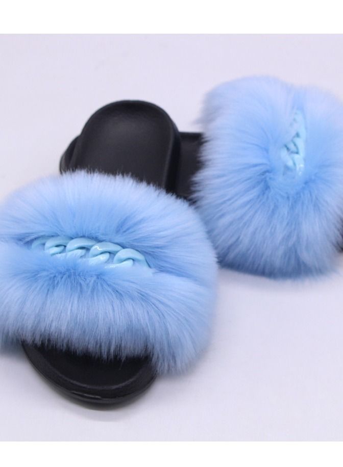 Stylish Women Faux Fur Open Toe Flat Color Chain Slippers