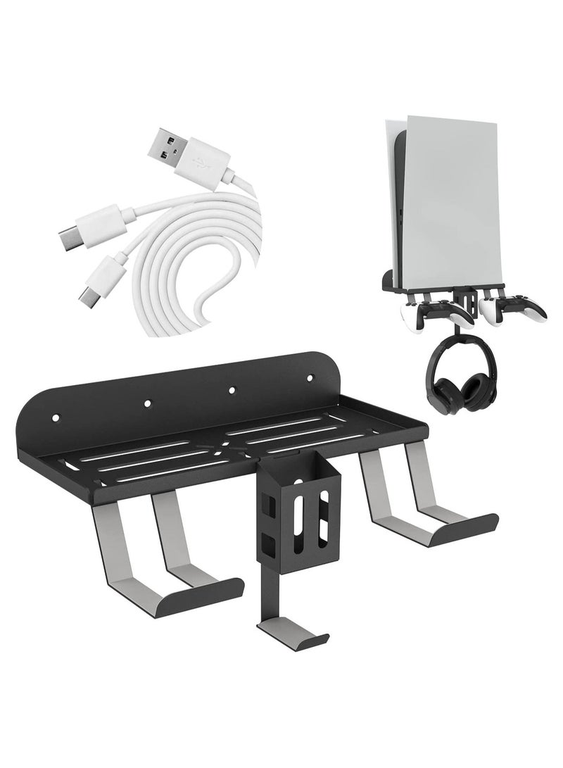 Black 6-in-1 Wall Mount Kit with Charging Cable for PS5 (Disc & Digital) Metal Wall Stand with 2 Detachable Controller Hanging Bracket / Remote Box / Headset Hanger with Non-Slip Mat