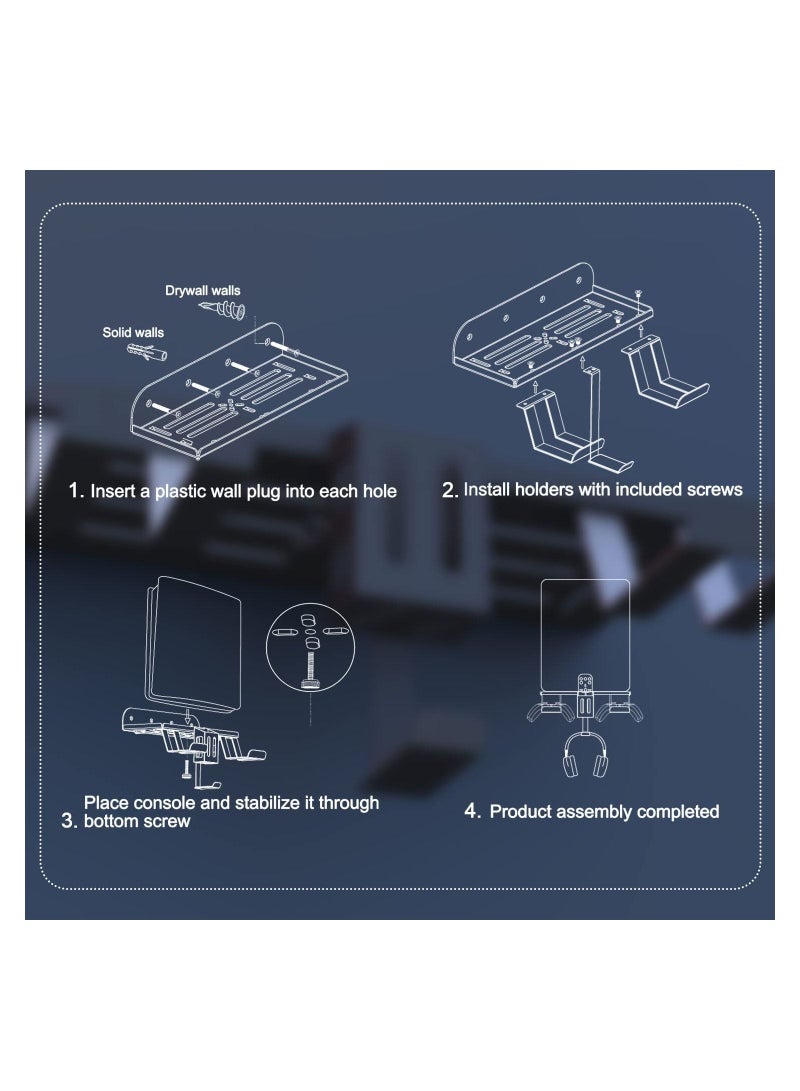 Black 6-in-1 Wall Mount Kit with Charging Cable for PS5 (Disc & Digital) Metal Wall Stand with 2 Detachable Controller Hanging Bracket / Remote Box / Headset Hanger with Non-Slip Mat