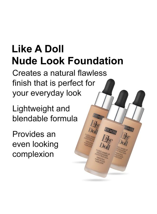 PUPA Milano Like A Doll Perfecting Make-Up Fluid Nude Look Foundation - Light Texture - Natural, For All Skin Types - Blends Perfectly - Medium Beige - 1.01 Oz (50036040)