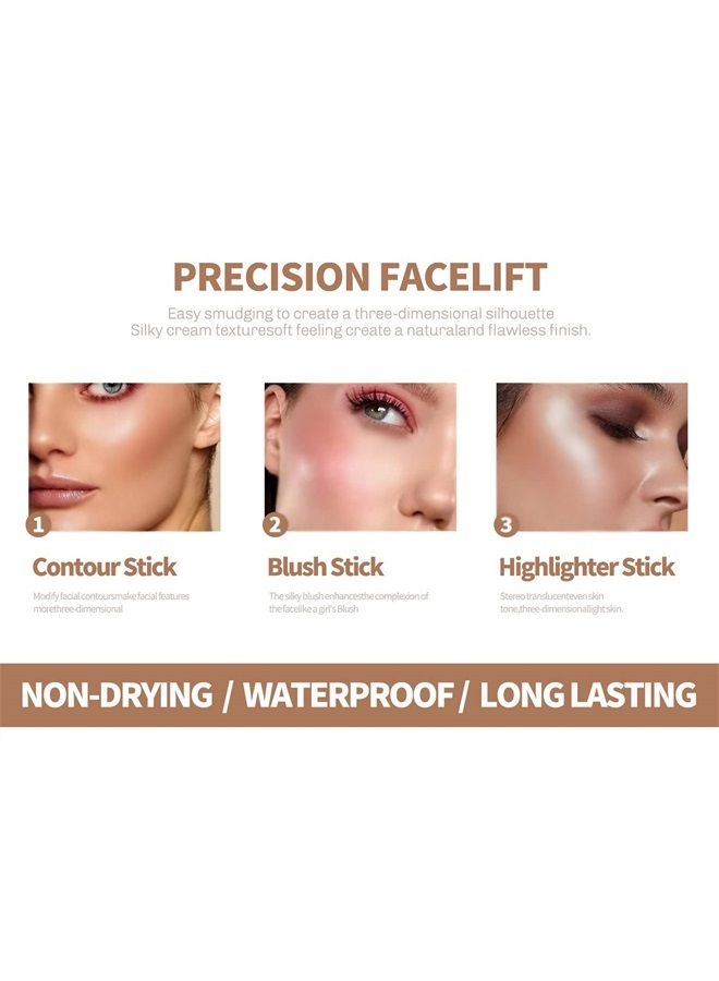 4PCS Contour Stick - Highlighter And Cream Blush Stick 4 Colors Kit - Moisturizer, Face Brightens & Shades Pencil, Facial Shaping Makeup Sticks for Older Women & Mature Skin