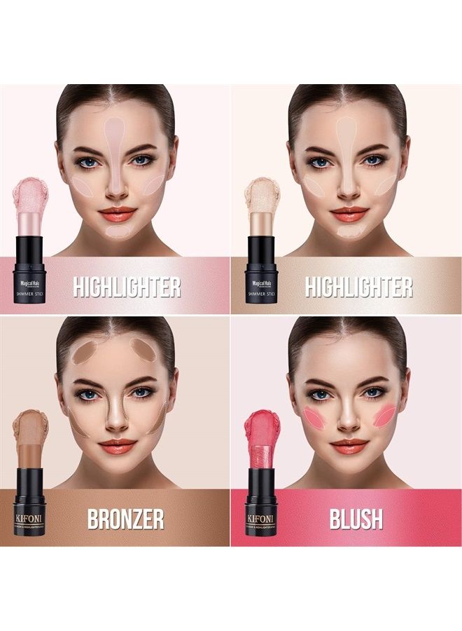 4PCS Contour Stick - Highlighter And Cream Blush Stick 4 Colors Kit - Moisturizer, Face Brightens & Shades Pencil, Facial Shaping Makeup Sticks for Older Women & Mature Skin