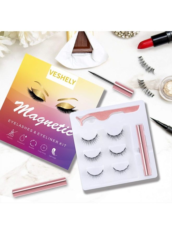 Natural Magnetic Eyelashes with Eyeliner,3 Pairs Natural Look False Lashes Kit,3D Short Magnetic Eyelash Set - No Glue Needed