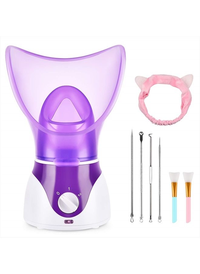 Facial Steamer for Face, Face Steamer for Facial Deep Cleaning, Nano Ionic Facial Steamer for Unclogs Pores, Hydrating (Purple, Include Blackhead Remover Kit, Brush, Headband)