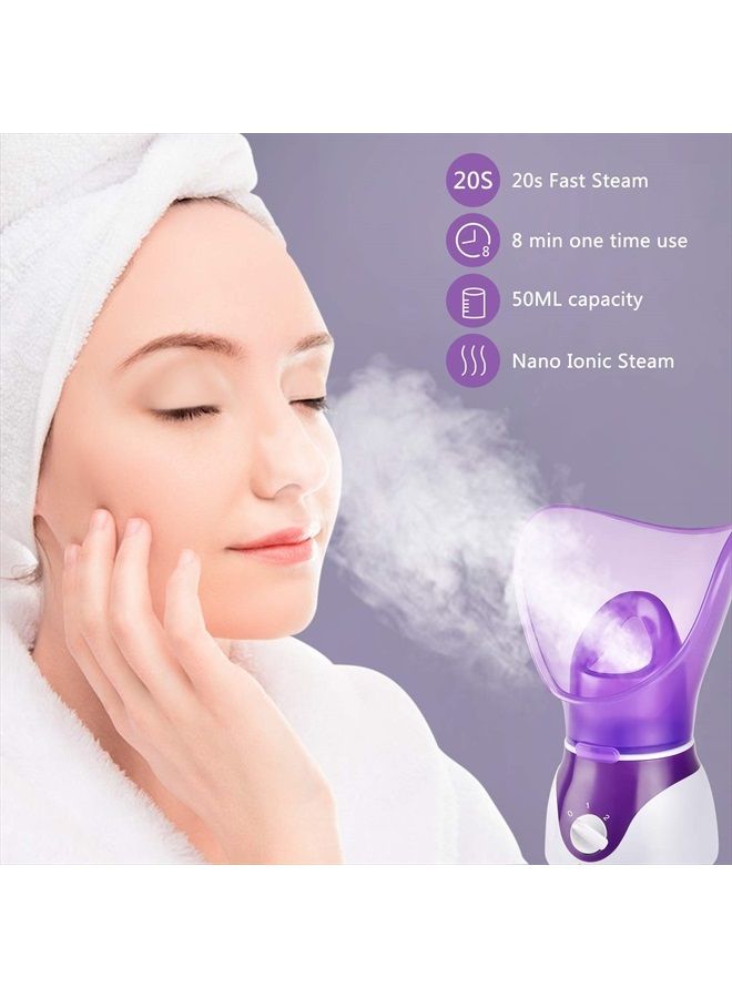 Facial Steamer for Face, Face Steamer for Facial Deep Cleaning, Nano Ionic Facial Steamer for Unclogs Pores, Hydrating (Purple, Include Blackhead Remover Kit, Brush, Headband)