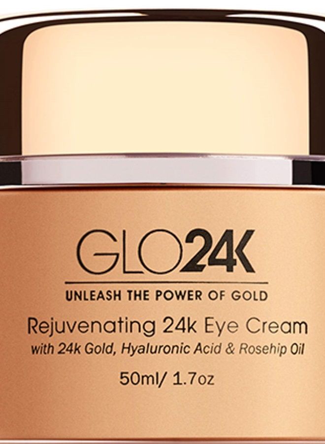GLO24K Eye Cream with 24k Gold, Hyaluronic Acid, Rosehip Oil, and Vitamins. Minimizes wrinkles and fine-lines around the eyes.