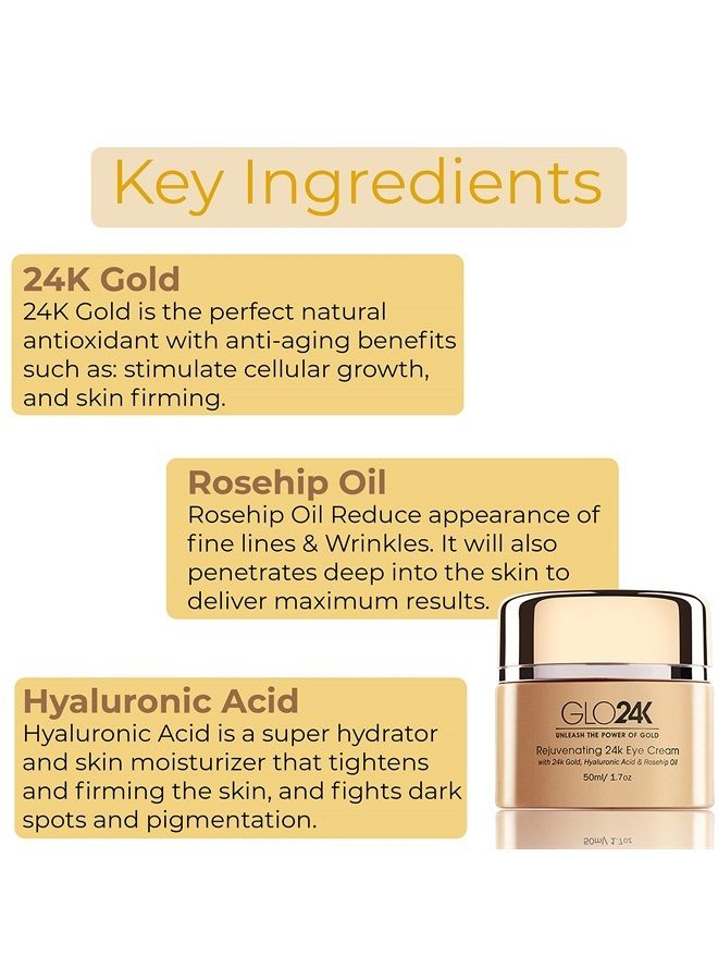 GLO24K Eye Cream with 24k Gold, Hyaluronic Acid, Rosehip Oil, and Vitamins. Minimizes wrinkles and fine-lines around the eyes.