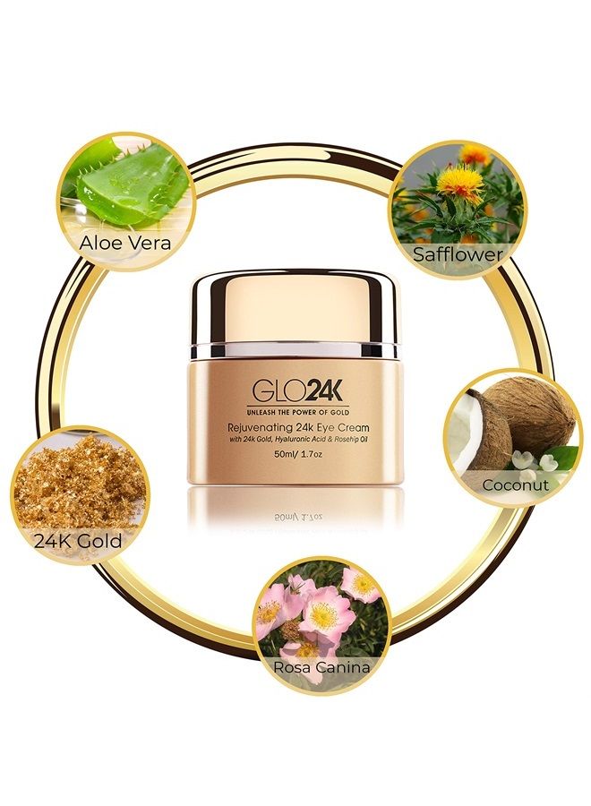 GLO24K Eye Cream with 24k Gold, Hyaluronic Acid, Rosehip Oil, and Vitamins. Minimizes wrinkles and fine-lines around the eyes.