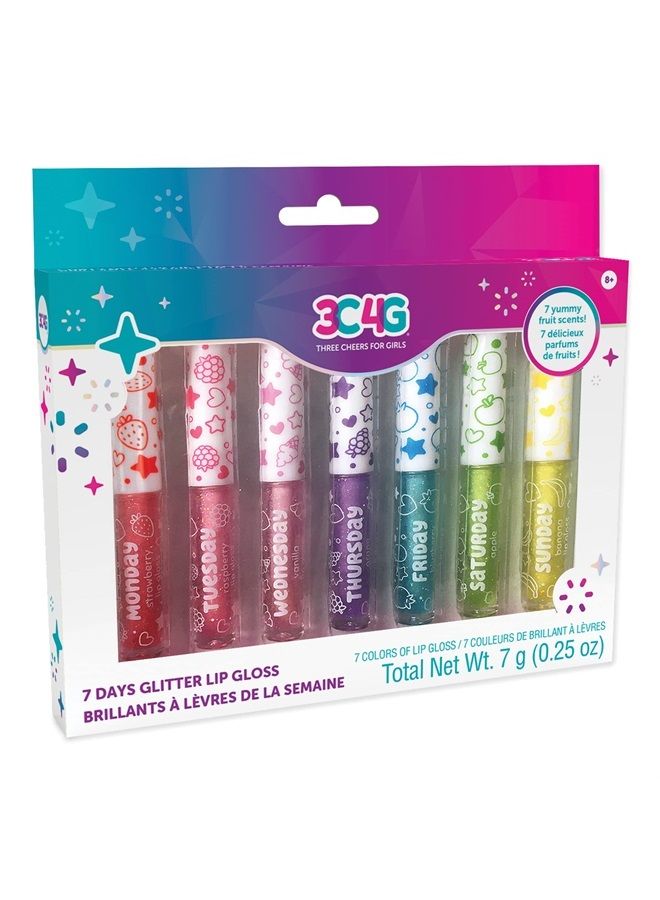 Three Cheers for Girls by Make It Real - 7 Days Glitter Lip Gloss - Flavored Lip Gloss Set for Girls - Strawberry, Raspberry, Vanilla and More! - 7 Piece Lip Gloss Kit