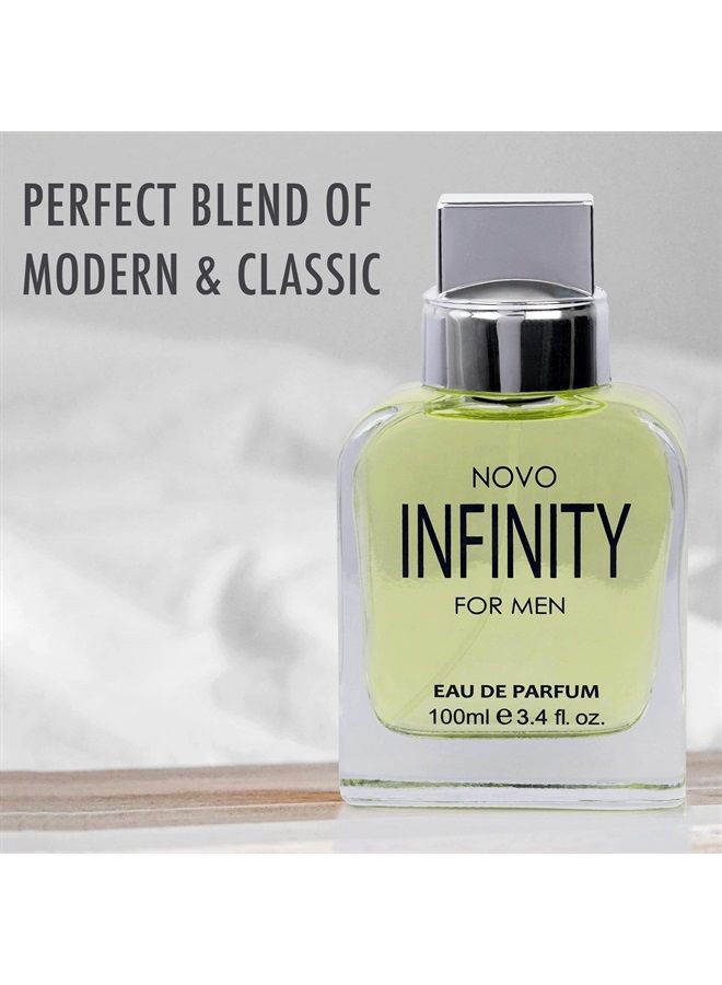 Novo Infinity for Men - 3.4 Fluid Ounce Eau De Parfum Spray for Men - Refreshing Citrusy & Floral Top Notes with Subtle Woody Undertones Smell Fresh All Day Long Gift for Men for All Occasions