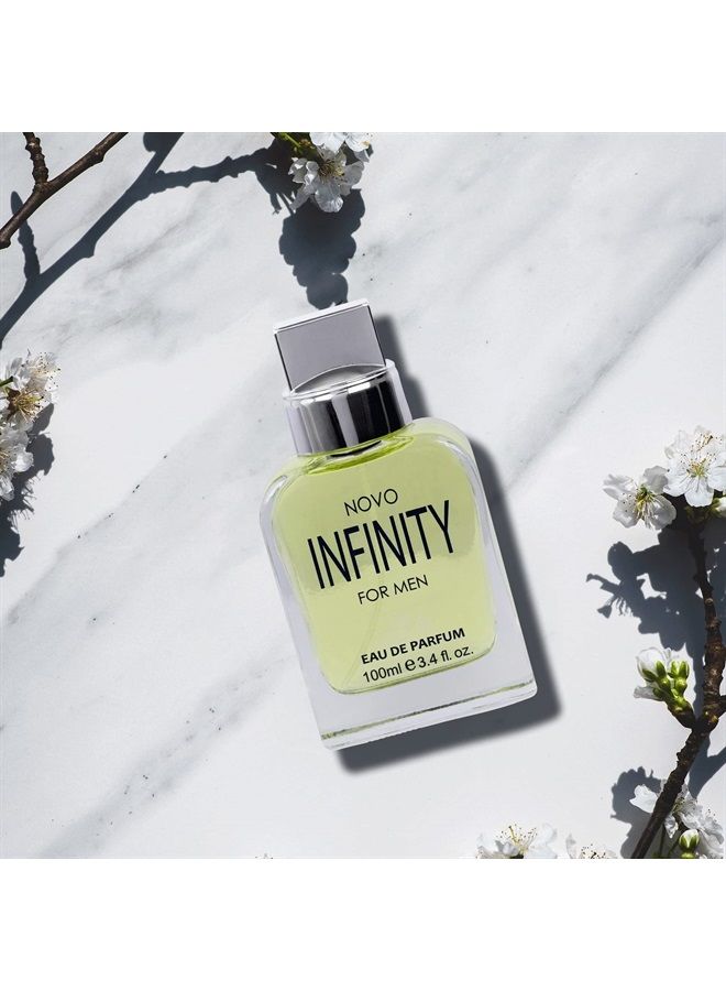 Novo Infinity for Men - 3.4 Fluid Ounce Eau De Parfum Spray for Men - Refreshing Citrusy & Floral Top Notes with Subtle Woody Undertones Smell Fresh All Day Long Gift for Men for All Occasions