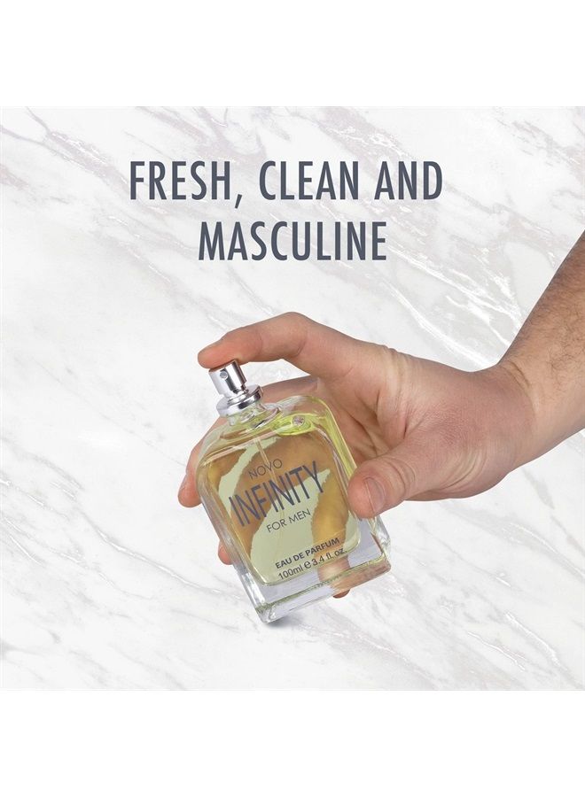 Novo Infinity for Men - 3.4 Fluid Ounce Eau De Parfum Spray for Men - Refreshing Citrusy & Floral Top Notes with Subtle Woody Undertones Smell Fresh All Day Long Gift for Men for All Occasions