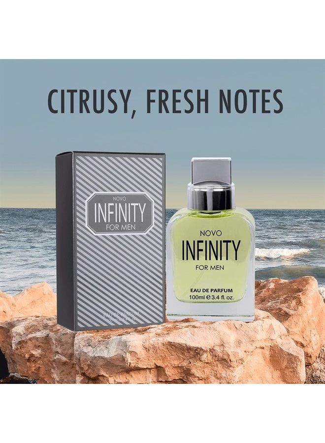 Novo Infinity for Men - 3.4 Fluid Ounce Eau De Parfum Spray for Men - Refreshing Citrusy & Floral Top Notes with Subtle Woody Undertones Smell Fresh All Day Long Gift for Men for All Occasions