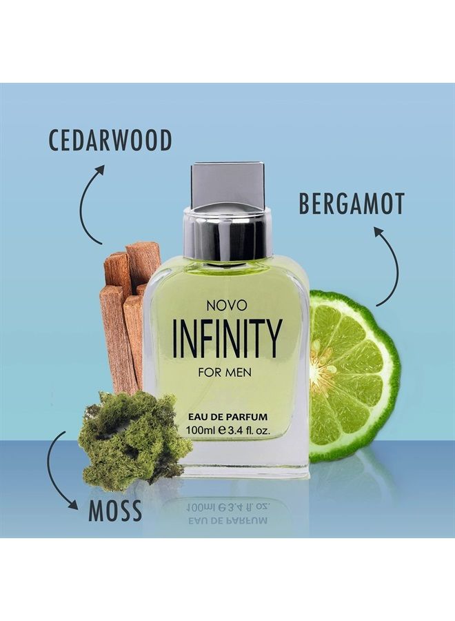 Novo Infinity for Men - 3.4 Fluid Ounce Eau De Parfum Spray for Men - Refreshing Citrusy & Floral Top Notes with Subtle Woody Undertones Smell Fresh All Day Long Gift for Men for All Occasions