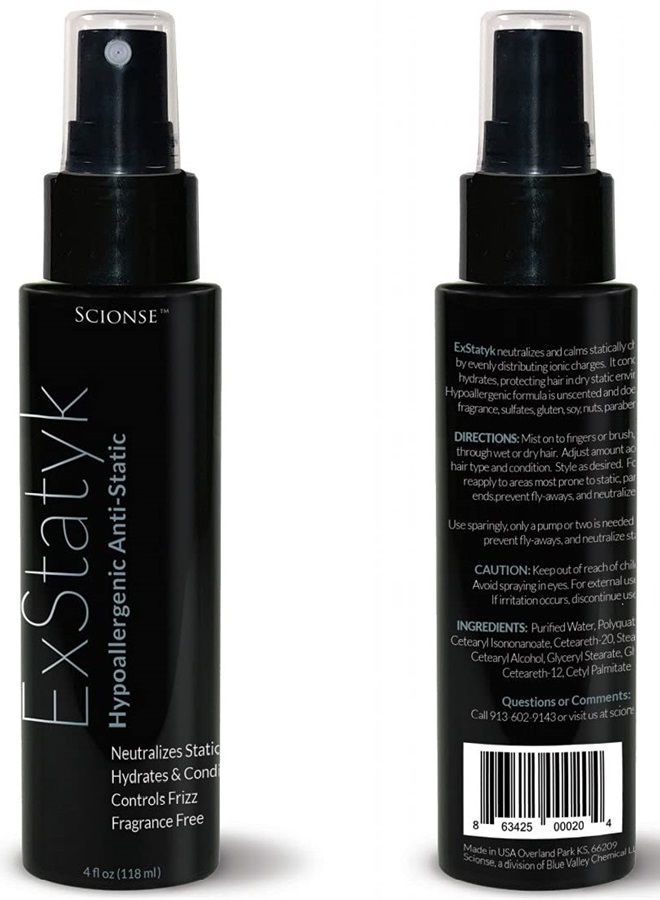 ExStatyk - Anti Static Hypoallergenic Spray, Anti- Frizz, Fragrance Free, unscented