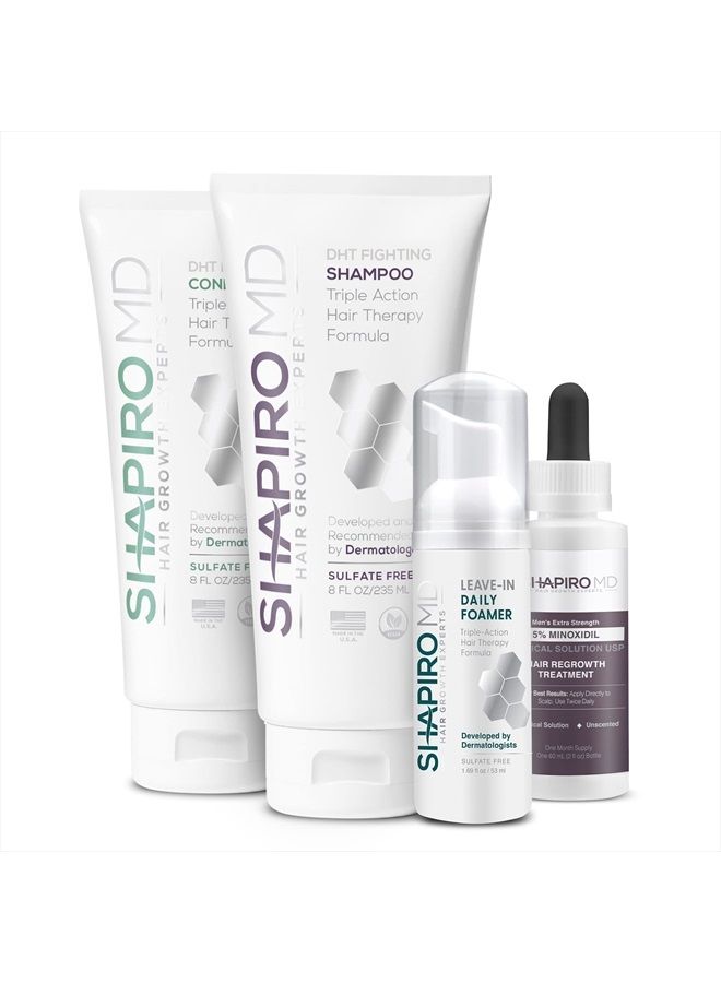 Men's Regrowth Kit Plus: Shampoo, Conditioner, 5% Minoxidil, Leave-In Foam. Complete Anti Hair Loss and Thinning Hair Solution for Men, 1 Month Supply