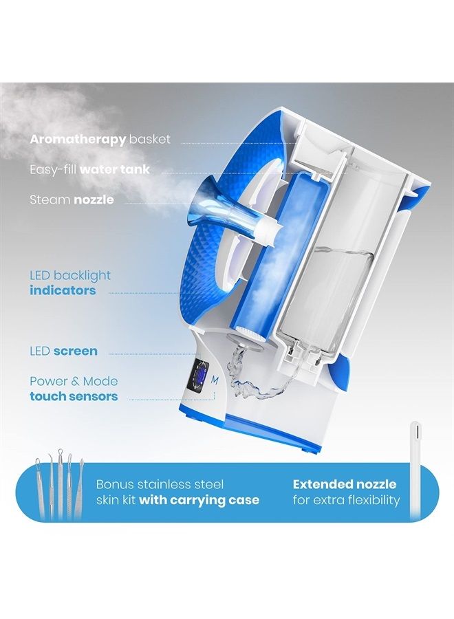 NanoSteamer Clinical - 10-in-1 Smart Steam Dermatologist Grade Ionic Facial Steamer with 2 Multi-Position Steam Nozzles - Digital LCD Screen - Extraction Set - 6 Pre-Programmed Professional Modes