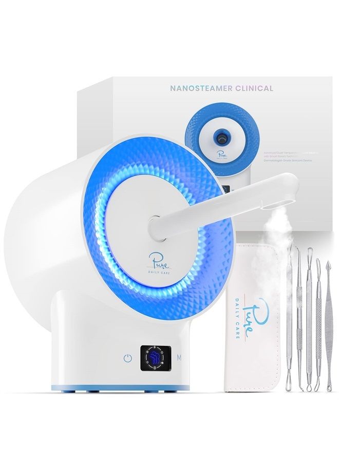 NanoSteamer Clinical - 10-in-1 Smart Steam Dermatologist Grade Ionic Facial Steamer with 2 Multi-Position Steam Nozzles - Digital LCD Screen - Extraction Set - 6 Pre-Programmed Professional Modes