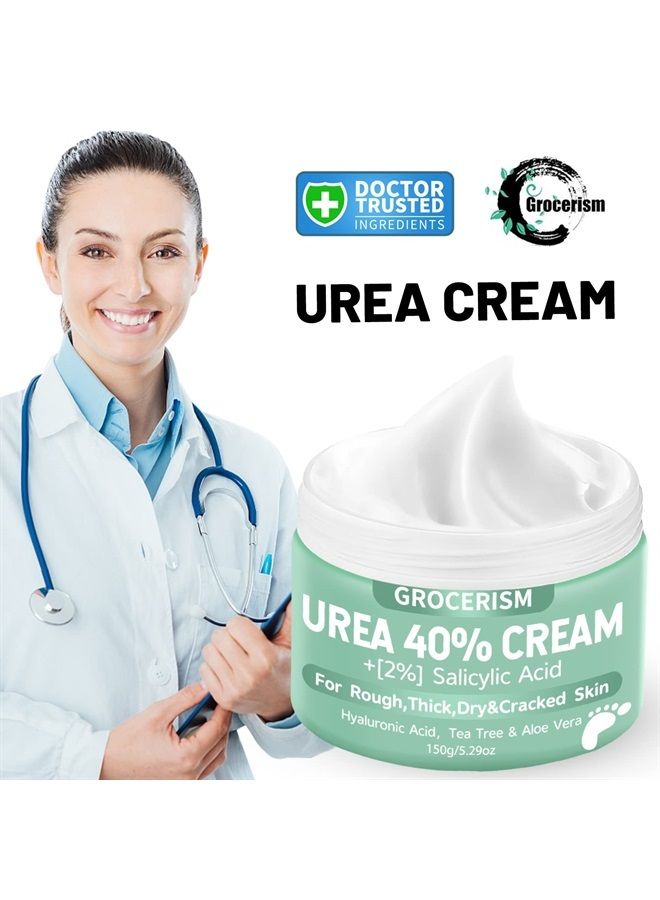 Urea Cream 40 Percent For Feet Plus 2% Salicylic Acid 5.29 oz || Foot Cream and Hand Cream Maximum Strength with Hyaluronic Acid, Tea Tree, and Aloe Vera For Deep Moisturizes, Callus Remover and Softe