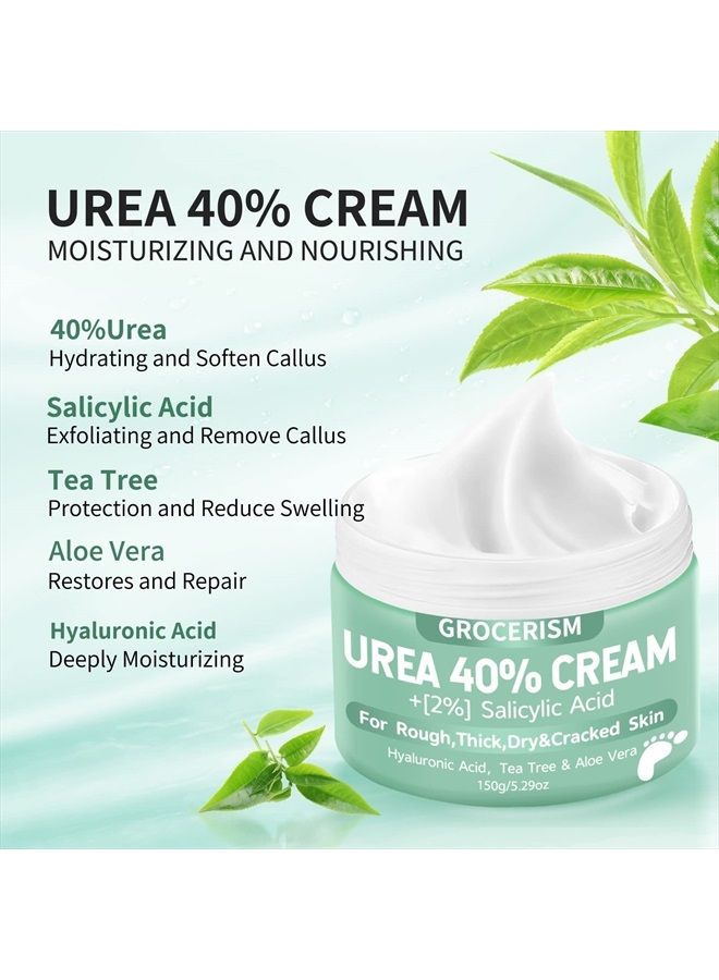 Urea Cream 40 Percent For Feet Plus 2% Salicylic Acid 5.29 oz || Foot Cream and Hand Cream Maximum Strength with Hyaluronic Acid, Tea Tree, and Aloe Vera For Deep Moisturizes, Callus Remover and Softe