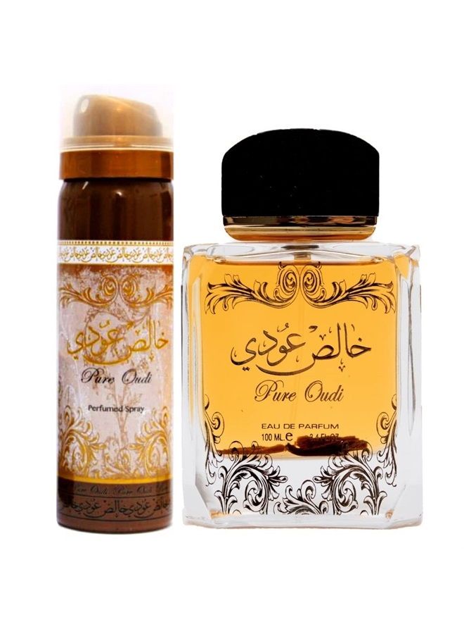 Lattafa Pure Oudi (Khalis Oudi) 2 Piece Set for Unisex (3.4 Ounce Eau de Parfum Spray + 1.7 Ounce Perfumed Body Spray)