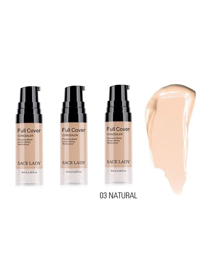 3 Pack Pro Full Cover Liquid Concealer, Waterproof Smooth Matte Flawless Finish Creamy Concealer Foundation for Eye Dark Circles Spot Face Concealer Makeup, Size:3×6ml/0.20Fl Oz, Natural